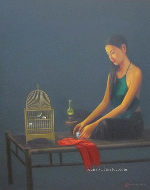 Dame mit Vogelkäfig vietnamesisch Asiatische Ölgemälde